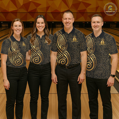 Black And Gold Crown Bowling Ball Polo & 1/4-Zip Shirts For Women Custom Tribal Bowling Team Jerseys NYN3124