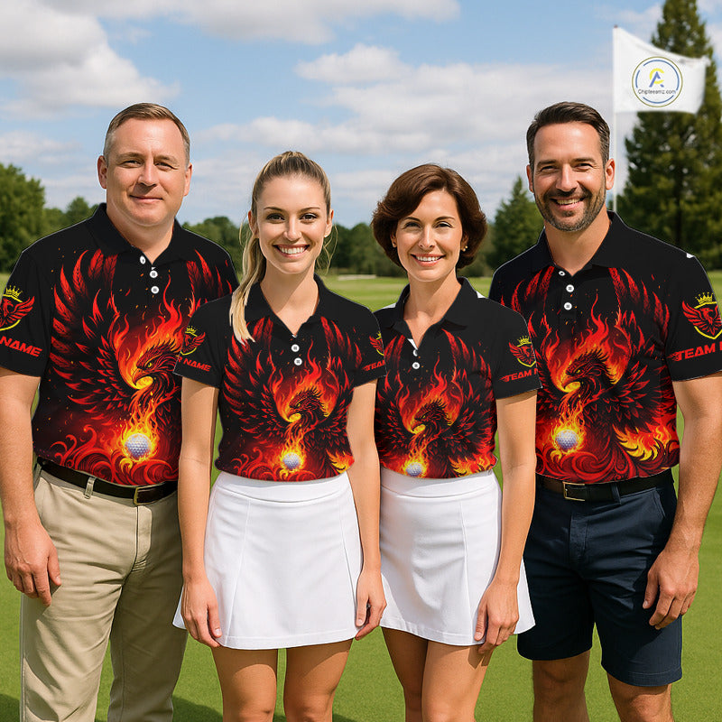 Mens Golf Polo Shirt Custom Phoenix Red Flame Team Golf Tops, Black Golf Outfit For Men NHN0084