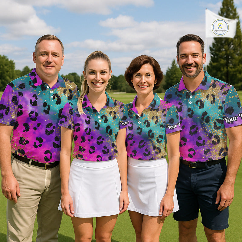 Leopard Mens Golf Polo Shirt Custom Colorful Neon Rainbow Leopard Pattern Team Golf Tops, Golf Gifts NHN0217