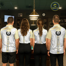Load image into Gallery viewer, Personalized White And Gold Crown 8 Ball Pool Billiard Polo &amp; 1/4 Zip For Men, Billiard Team Attire NYN3014