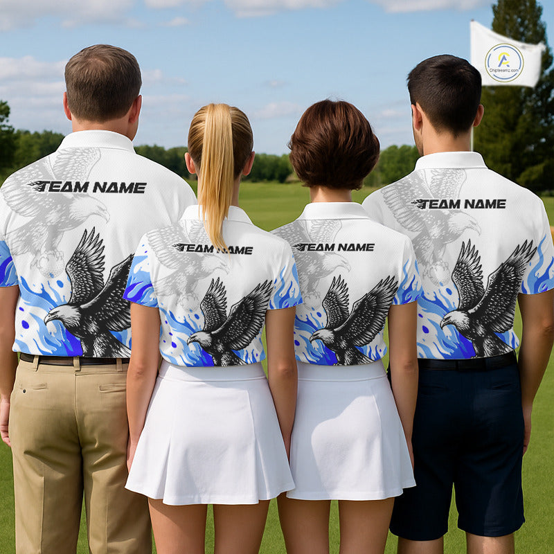 Mens Golf Polo Shirt Custom Eagle Blue Flame Golf Tops, Personalized White Golf Outfit For Men NHN0070
