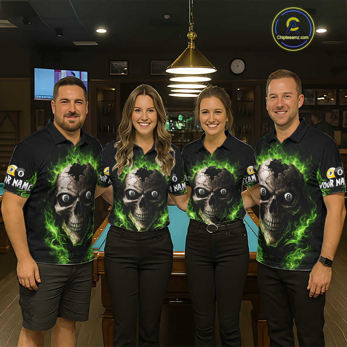 Green Flaming Cracked Skull 8 Ball & 9 Ball Pool Billiard Shirt For Women Custom Billiard Apparel NYN2635