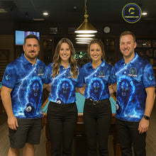 Load image into Gallery viewer, Personalized Billiards Shirt Blue Flames Lion 8 Ball Pool For Men Billiard Jersey Customized Name NYN2860