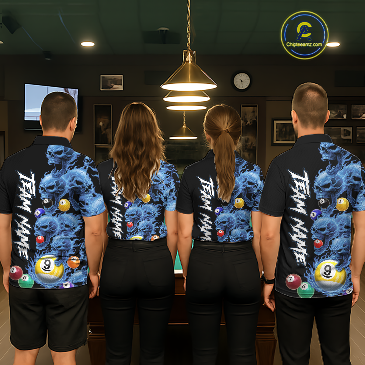 Custom Blue Flame Skull 9 Ball Pool Billiard Shirt for Women Polo & 1/4 Zip, Billiard Team Jerseys NNT159