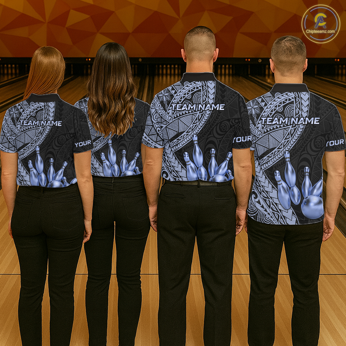 Black and Blue Tribal Pattern Bowling Jersey for Women Bowling Uniform Bowling Team Shirts HNT225