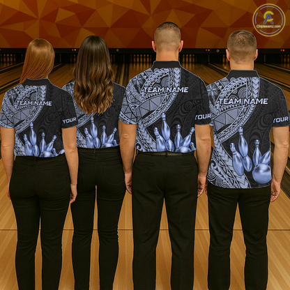 Black and Blue Tribal Pattern Bowling Jersey for Women Bowling Uniform Bowling Team Shirts HNT225