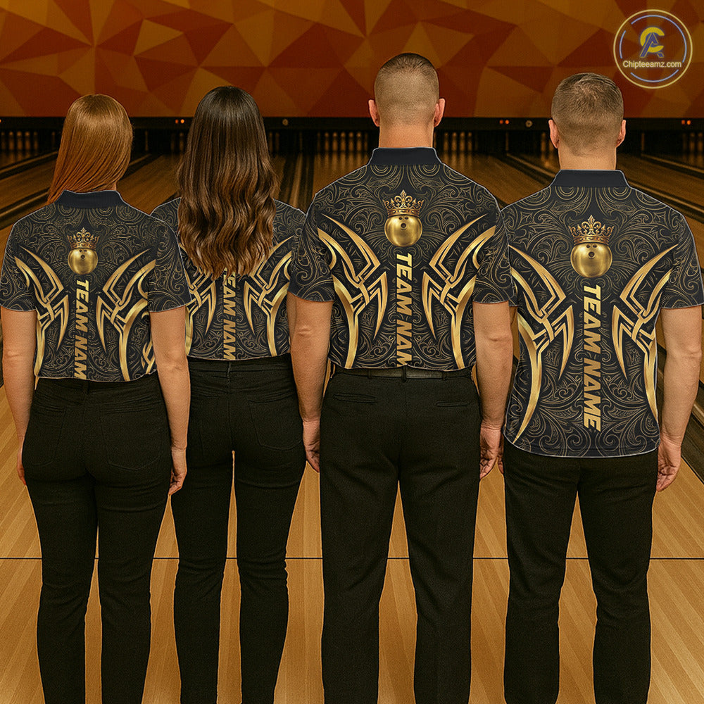 Black And Gold Crown Bowling Ball Polo & 1/4-Zip Shirts For Women Custom Tribal Bowling Team Jerseys NYN3124