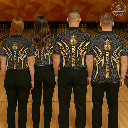 Black And Gold Crown Bowling Ball Polo & 1/4-Zip Shirts For Women Custom Tribal Bowling Team Jerseys NYN3124