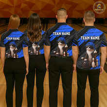 Load image into Gallery viewer, Custom Funny Cat Blue Bowling Jersey for Women Bowling Polo &amp; 1/4 Zip Bowling Team Shirts HNT198