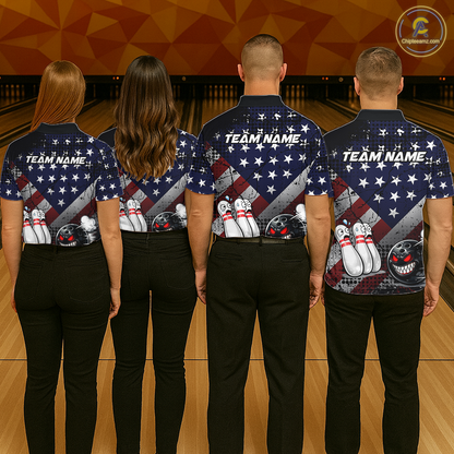 Custom American Flag Funny Bowling Team Shirt for Men Polo & Quarter-Zip Bowling Jersey Blue Red White QZT928