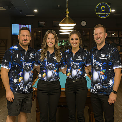 Custom Blue Funny Raccoon Billiard Shirt for Men 8 Ball Pool Billiard Jersey Polo & 1/4-Zip BHT5
