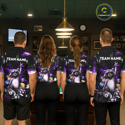 Custom Purple Funny Raccoon Billiard Shirt for Men 8 Ball Pool Billiard Jersey Polo & 1/4-Zip BHT5