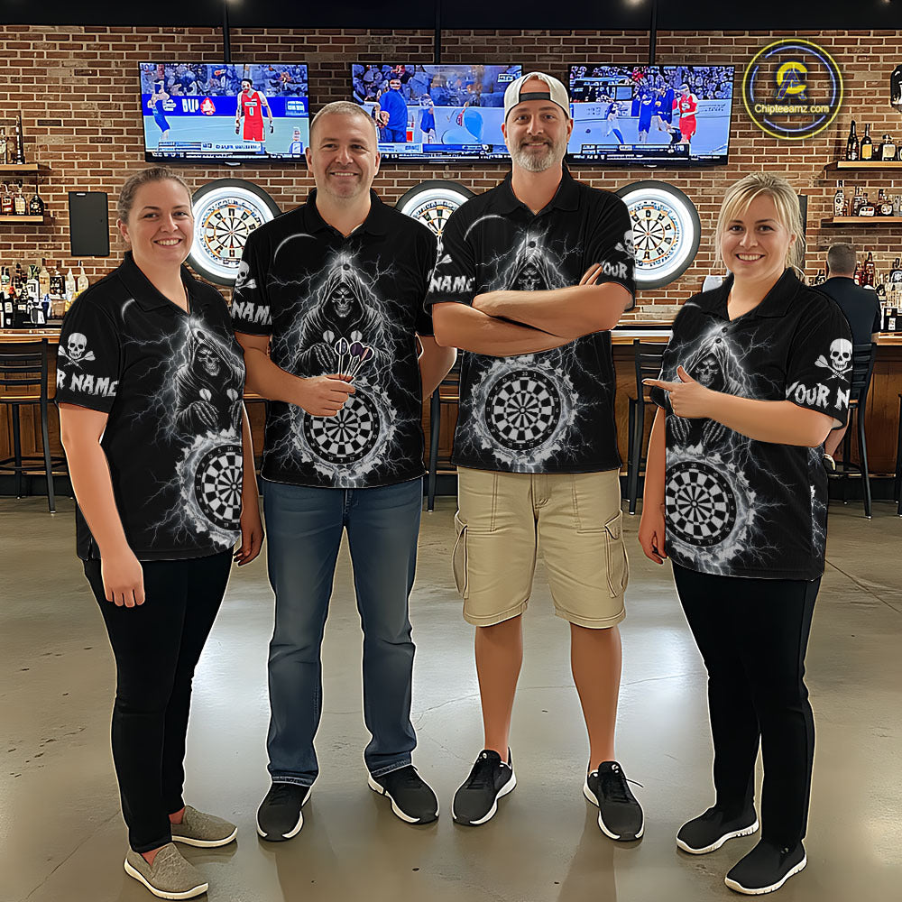 Lightning Thunder White & Black Grim Reaper Custom Dart Polo Shirt Men Dart League Jerseys NYN2091