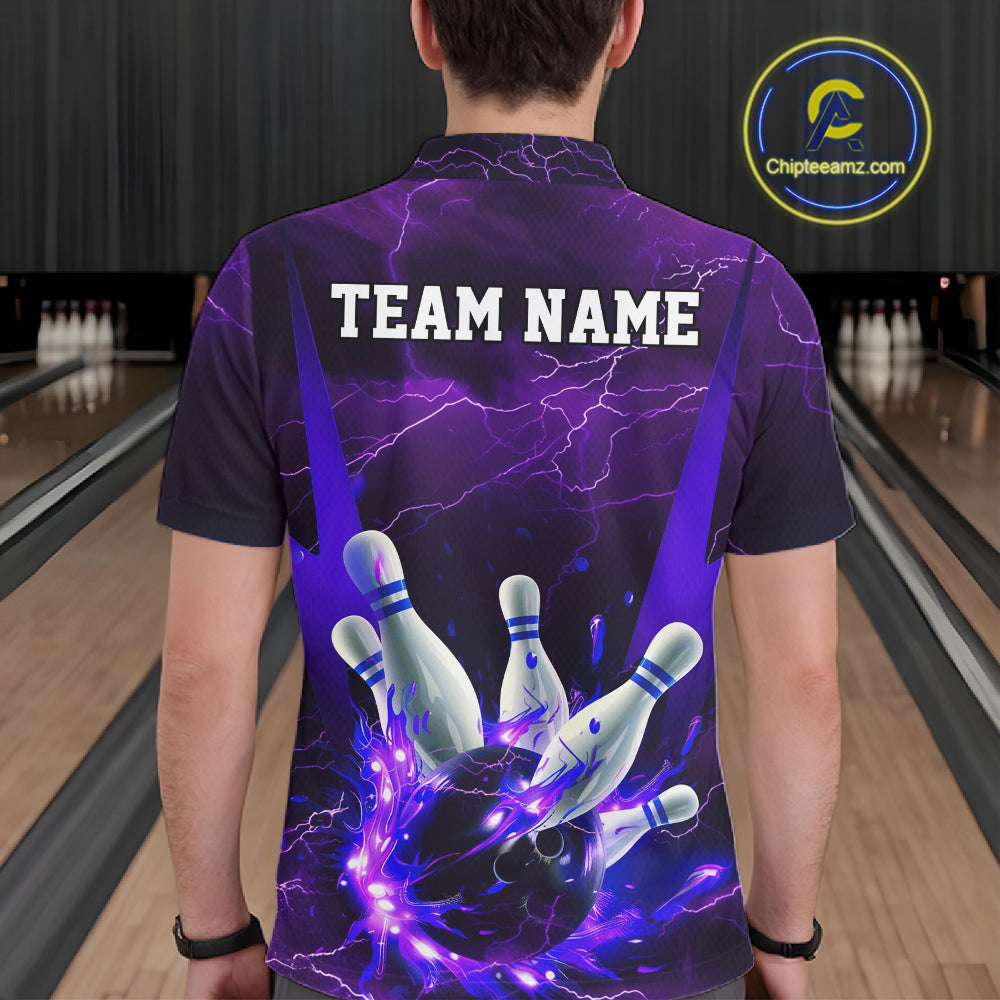 Purple Thunder Lightning Custom Bowling Shirts For Men, Flame Bowling Jerseys With Team Name IPHW7161