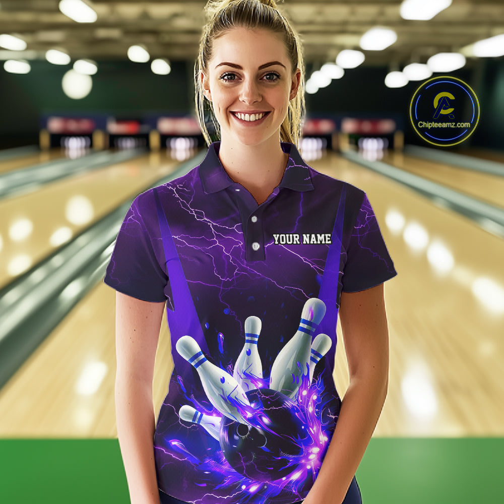 Purple Thunder Lightning Custom Ladies Bowling Shirts, Flame Bowling Jerseys With Team Name IPHW7161
