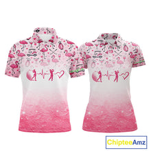 Load image into Gallery viewer, Pink Flamingo Heart Theme Matching Golf Polos For Couple Custom Couple Valentines Outfit NHN0145