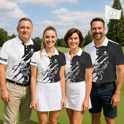 Funny Skull Golf Polo Shirts For Women Black And White Golf Camo Pattern Custom Skull Playing Golf Apparel NHN0047