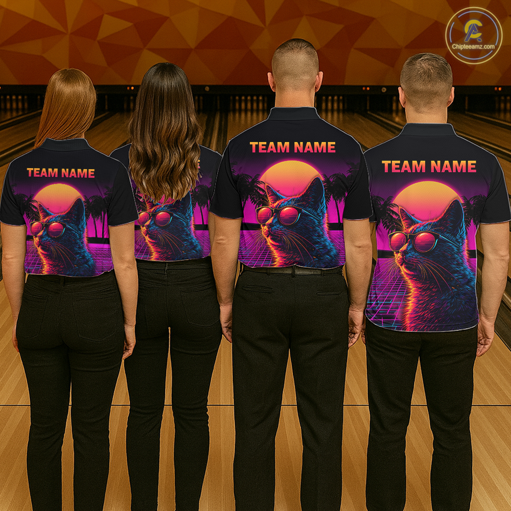 Custom Funny Cat Retro Sunset Bowling Jersey for Men Bowling Uniform Bowling Team Shirts HNT279