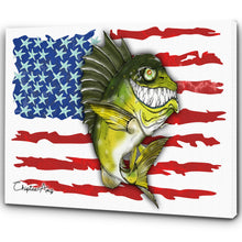 Load image into Gallery viewer, Largemouth Bass fishing art with American flag ChipteeAmz's fish art canvas AT004