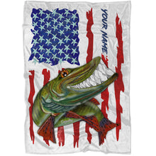 Load image into Gallery viewer, Muskellunge fishing American flag funny Musky ChipteeAmz's art custom name fishing fleece blanket AT052