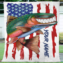 Load image into Gallery viewer, Trout fly fishing American flag funny rainbow trout ChipteeAmz's art custom name throw fleece blanket AT051