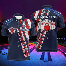 Load image into Gallery viewer, Patriotic Men's Polo Bowling Shirt, Custom Name Men Bowlers Jersey Short Sleeve American Flag NBP95