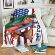 Load image into Gallery viewer, Trout fly fishing American flag funny rainbow trout ChipteeAmz's art custom name throw fleece blanket AT051