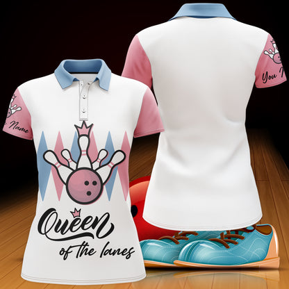 Personalized Women Polo Bowling Shirt, Queen of The Lanes, Short Sleeve Female Bowlers Jersey NBP30