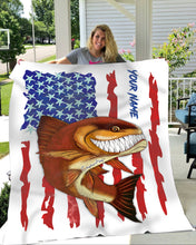 Load image into Gallery viewer, Redfish fishing American flag funny Red drum ChipteeAmz's art custom name fishing fleece blanket AT053