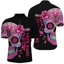 Load image into Gallery viewer, Pink Sugar Skull Tattoo Custom Unisex Bowling Quarter Zip Shirts, Halloween Team Bowling Jerseys IPHW5243