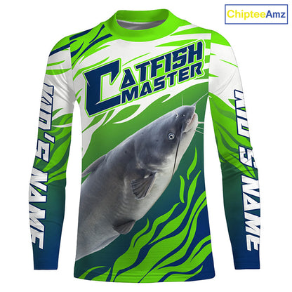 River Blue Catfish Custom Long Sleeve Fishing Shirts, Catfish Tournament Fishing apparel | green IPHW3624