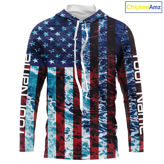 Custom Saltwater Long Sleeve Uv Fishing Shirts, American Flag Sea Wave Camo Fishing Shirts IPHW5028