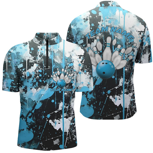 Blue Camo Bowling Team Shirts Men Quarter Zip Personalized Bowling League Jerseys Strike Bowling IPHW5413