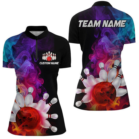 Colorful Bowling Quarter Zip Shirts Women Smoke Bowling Jerseys Ladies Bowling Team Shirts IPHW5403