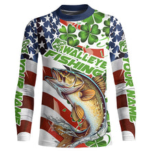 Load image into Gallery viewer, Personalized St Patrick'S Day Walleye Long Sleeve Fishing Shirts, Patriotic Walleye Fishing Jerseys IPHW5900