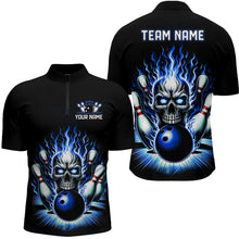 Load image into Gallery viewer, Personalized Unisex Skull Bowling Shirt Custom Team'S Name Flame Bowler Jerseys | Blue IPHW6012