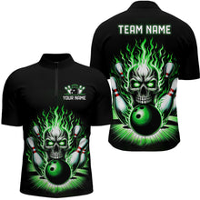 Load image into Gallery viewer, Personalized Skull Bowling Shirt For Men Custom Team'S Name Flame Bowler Jerseys | Green IPHW5820