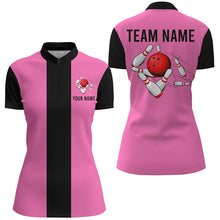 Load image into Gallery viewer, Personalized Pink Black Retro Bowling Quarter Zip shirt For women custom vintage bowling team jerseys NQS6568
