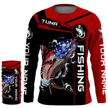 Load image into Gallery viewer, Tuna fishing American flag patriotic Custom Name men's performance Fishing Shirts, fishing apparel NQS3279