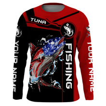 Load image into Gallery viewer, Tuna fishing American flag patriotic Custom Name men's performance Fishing Shirts, fishing apparel NQS3279