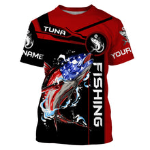 Load image into Gallery viewer, Tuna fishing American flag patriotic Custom Name men's performance Fishing Shirts, fishing apparel NQS3279