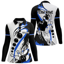 Load image into Gallery viewer, Black and white retro bowling league jerseys custom Women Bowling Polo Shirts, gifts for bowler | Blue NQS7154