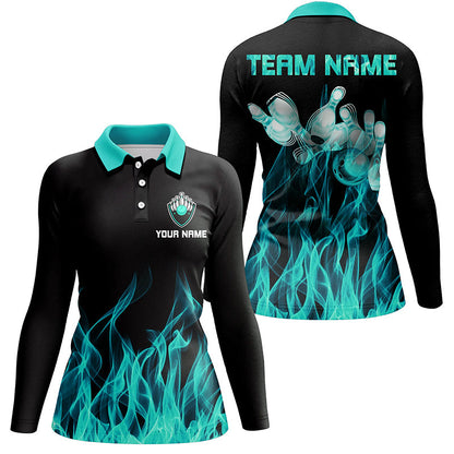 Turquoise flame Womens bowling polo shirt black Bowling Jerseys Personalized Bowling Team Shirts NQS6822