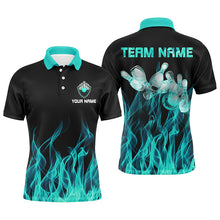 Load image into Gallery viewer, Personalized Men polo Bowling Shirt Turquoise Flame Bowling Ball Pins bowling jerseys for men Bowler NQS6822