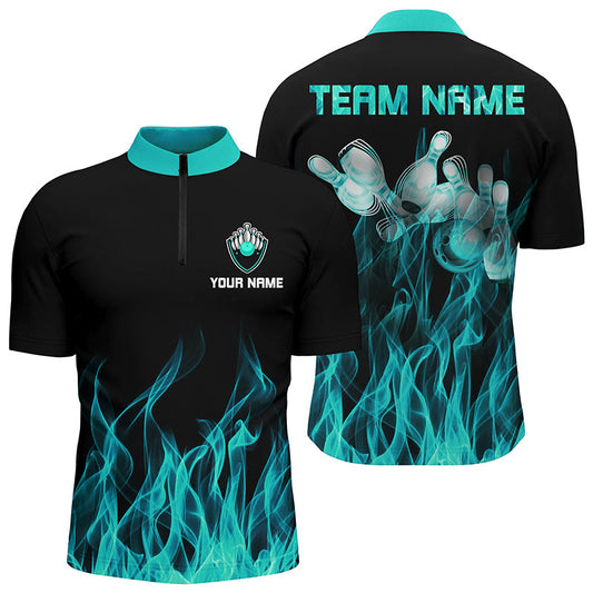 Personalized Men Quarter Zip Bowling Shirt Turquoise Flame Bowling Ball Pins bowling jersey for Bowler NQS6822