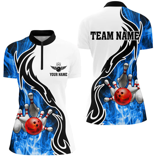 Women bowling Quarter Zip shirt Custom bowling ball pins strike team league jersey, bowl gift | Blue NQS6404