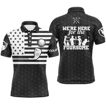 Load image into Gallery viewer, Black white American flag mens golf polo shirts custom name we're here for the foursome golf gifts NQS4986