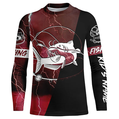 Catfish Fishing tattoo red camo lightning black Custom name performance long sleeve fishing shirts NQS5292