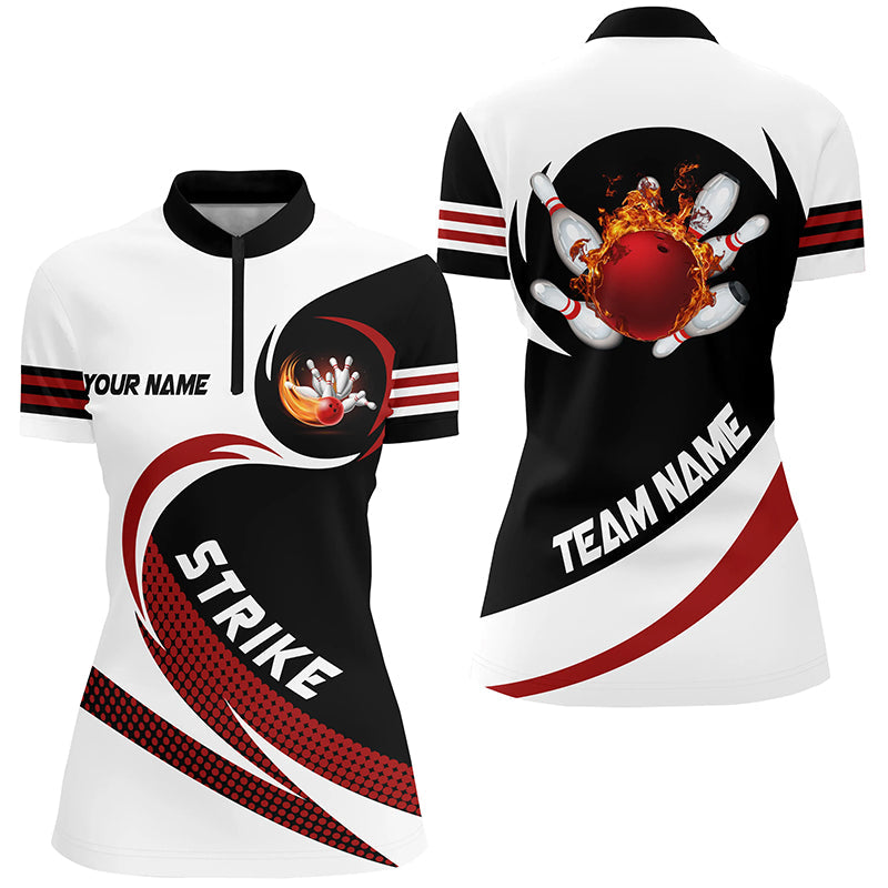Black & white Bowling Quarter Zip Shirt For women Custom flame bowling ball strike Team League Jersey NQS6717