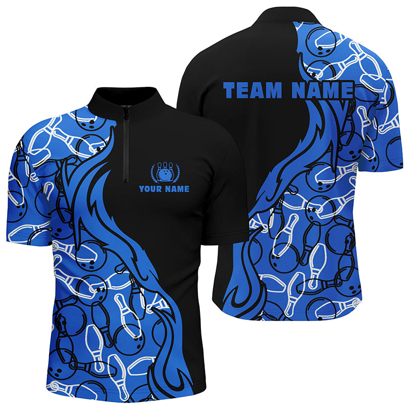 Custom Black blue bowling shirt for men – personalized team jersey front view
